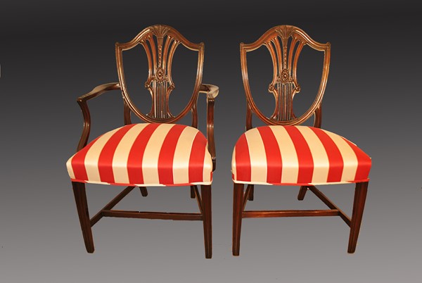 Set of 8 georgian hepplewhite mahogany chairs After Restoration